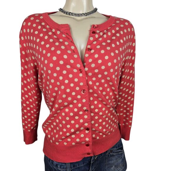 Spense Knits Polka Dot Cardigan Sweater Sz L Salmon Beige Preppy Kawaii Retro - Picture 1 of 10
